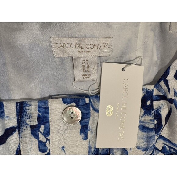 Caroline Constas womens Linen Short Mini Dress size 6 White & Blue Floral Button - Picture 7 of 9